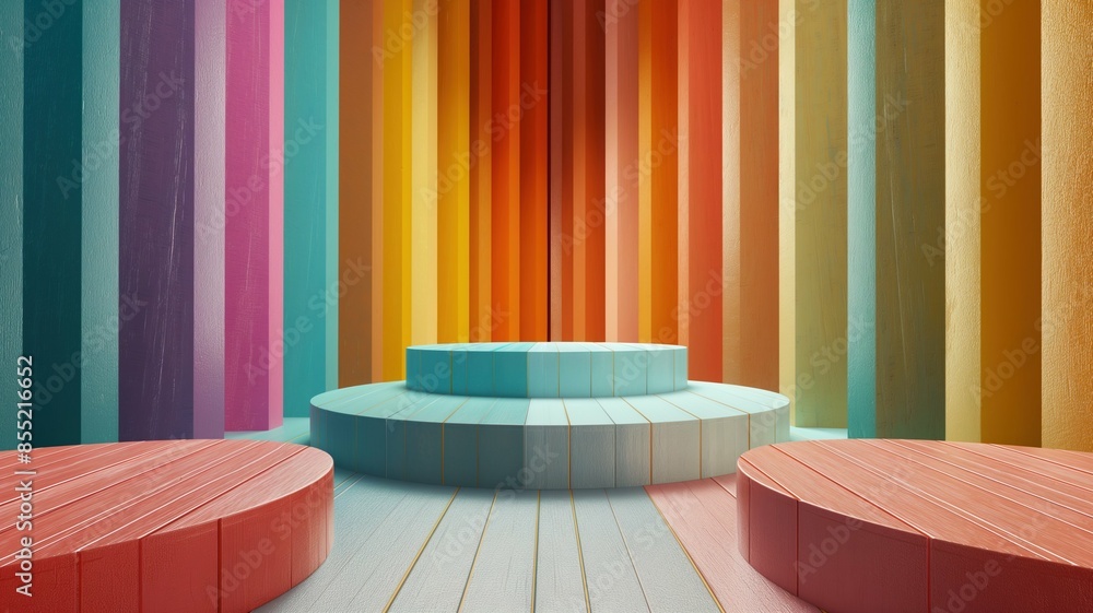 Wall mural a round podium with steps, on a background of wooden striped in different colors. an empty showcase 