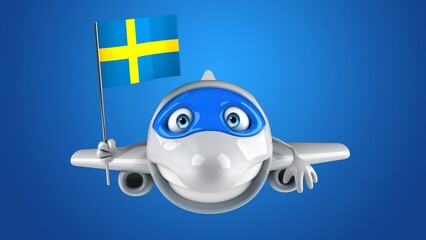 Fun 3D cartoon plane character with a swedish flag