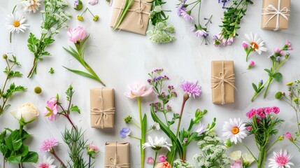 Spring flower arrangement on white backdrop with gift boxes for special occasions Top down view