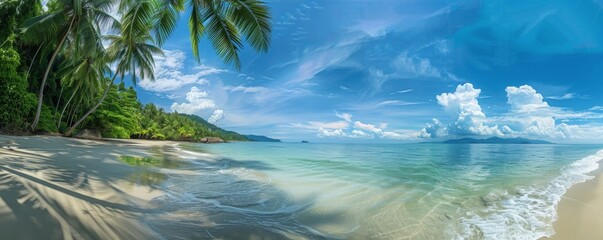 Beautiful tropical island with palm trees and beach panorama as background image, summer banner