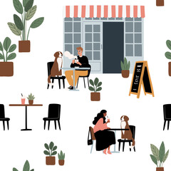 Cozy Dog Friendly Coffee Shop Seamless Patterns. Background with pups, cafe patrons, baristas, drinks. People chat, relax, and work in stylish decor beanery digital paper. Flat vector illustration.