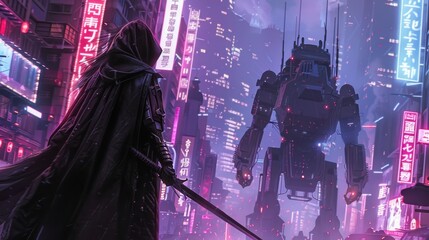 Mysterious hero person with sword with fighting big cyberpunk robot Background wallpaper AI generated image