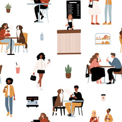 Cozy Dog Friendly Coffee Shop Seamless Patterns. Background with pups, cafe patrons, baristas, drinks. People chat, relax, and work in stylish decor beanery digital paper. Flat vector illustration.