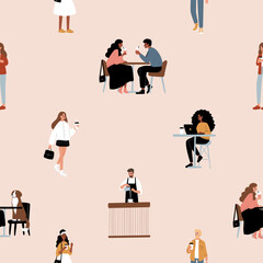 Cozy Dog Friendly Coffee Shop Seamless Patterns. Background with pups, cafe patrons, baristas, drinks. People chat, relax, and work in stylish decor beanery digital paper. Flat vector illustration.