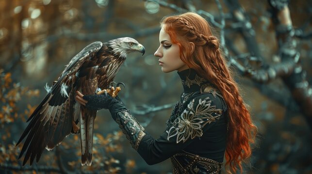 Medieval woman mysterious interacts with a falcon with hand in the forest Background wallpaper AI generated image