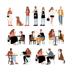 Dog Friendly Coffee Shop Set Clipart. People enjoying coffee, working, relaxing in the cafe with their furry friends flat vector illustration. Baristas preparing drinks in beanery.