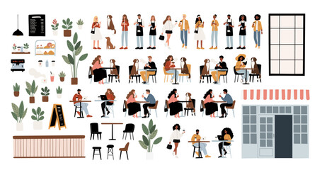 Dog Friendly Coffee Shop Set Clipart. People enjoying coffee, working, relaxing in the cafe with their furry friends flat vector illustration. Baristas preparing drinks in beanery.