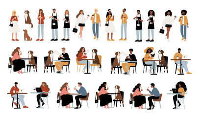 Fototapeta premium Dog Friendly Coffee Shop Set Clipart. People enjoying coffee, working, relaxing in the cafe with their furry friends flat vector illustration. Baristas preparing drinks in beanery.