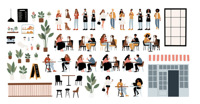 Dog Friendly Coffee Shop Set Clipart. People enjoying coffee, working, relaxing in the cafe with their furry friends flat vector illustration. Baristas preparing drinks in beanery.