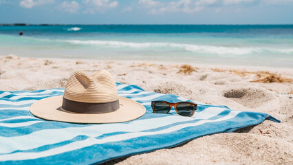 Obraz premium A wide-angle view of a towel laid out on the beach, accompanied by a hat and sunglasses