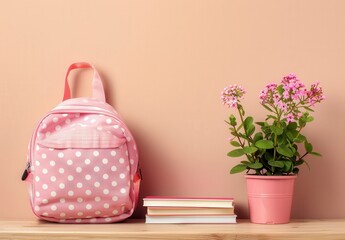 A pink backpack sits on a table next to a potted plant and several books