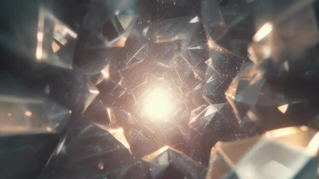 Abstract image featuring a bright, glowing center surrounded by complex geometric fractal patterns. The scene appears futuristic, with interlocking shapes and a glowing light source at its core,