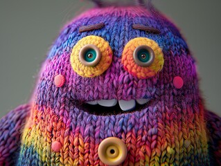 Smiling character as a connected toy. Amigurumi cute monster. Abstract emotional face. Handmade. Illustration for cover, card, interior design, banner, poster, brochure or presentation.