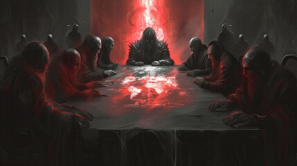 Group of people gathered around a table over a world map. A shadow government is plotting to conspire and seize power. The scene is tense and serious. Illustration for varied design.