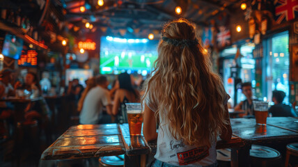 Obraz premium in a bar, a group of soccer womens, fans are sitting at a table in the background, on the TV screen,generative ai