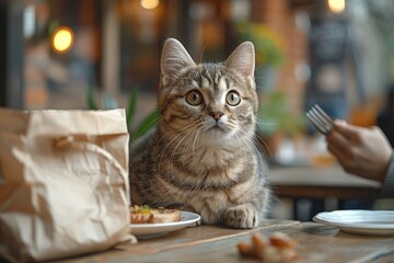 Cute kitten sitting on a table with food, perfect for pet lifestyle or dining themes.