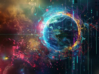 Obraz premium Earth surroundeddynamic data streams and electric energy waves landscape illustration.