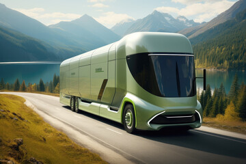Obraz premium generated illustration futuristic autonomous truck driving on an urban highway.
