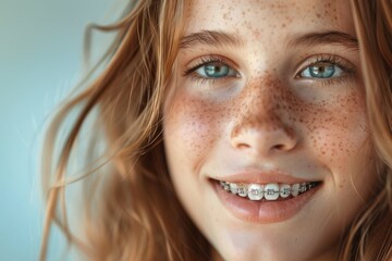 Portrait of a smiling young woman with freckles and braces in close-up. Taking care of dental health