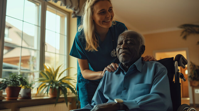 Nurse assisting elderly man in wheelchair.