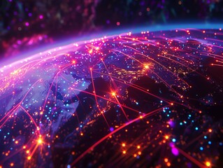 Obraz premium Earth's Enveloped in Vibrant Data Streams - Global Network Connection Photo