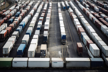 generated illustration row of stacking containers of freight import/export distribution warehouse.