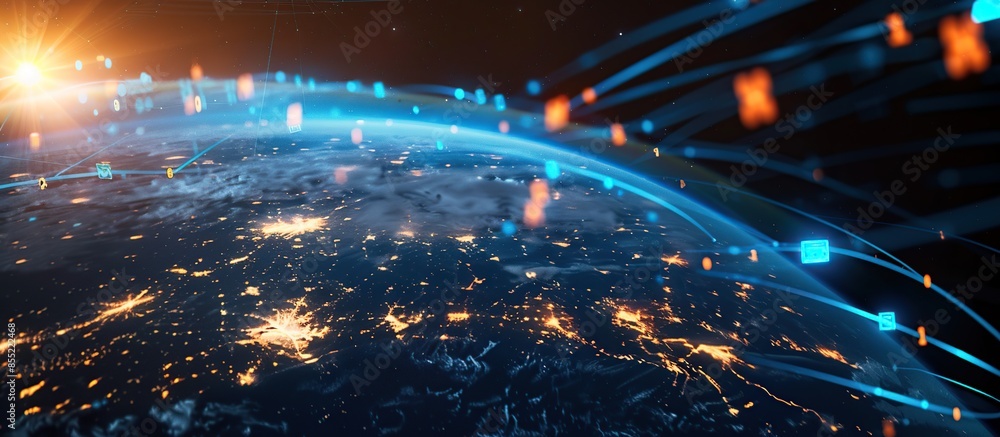 Poster Earth globe with digital connection hologram. Connection data service technology background.