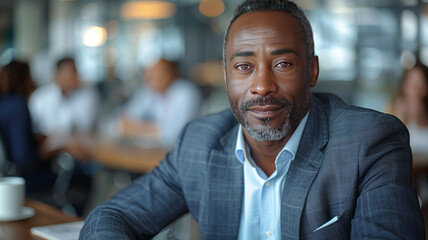 Obraz premium Confident African American businessman, sharply focused, leads in a modern office.generative ai