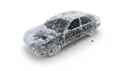 windshield and body of a car severely damaged by hailstorm. front view of unrecognizable vehicle isolated on white background, isometry, png