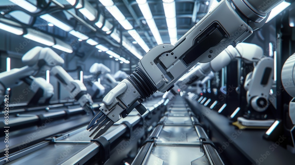 Poster a close-up of robotic arms working on an assembly line in a futuristic factory.