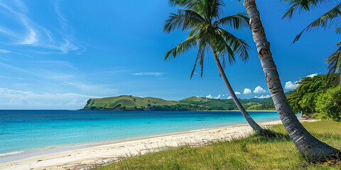 Beautiful tropical beach with palm trees and white sand on the island