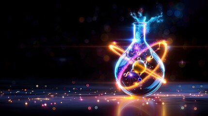 Glowing laboratory flask with colorful, swirling, neon elements, symbolizing scientific innovation and discovery.