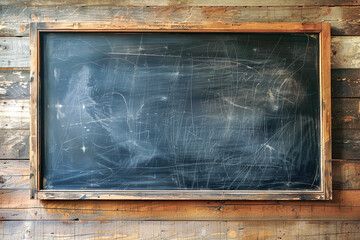 Empty blackboard with wooden frame on a rustic wooden table, displaying chalk marks and scratches against a textured wall.