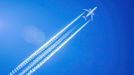 High-flying airplane leaving contrails against a clear blue sky, representing aviation, travel, and freedom in open air space.