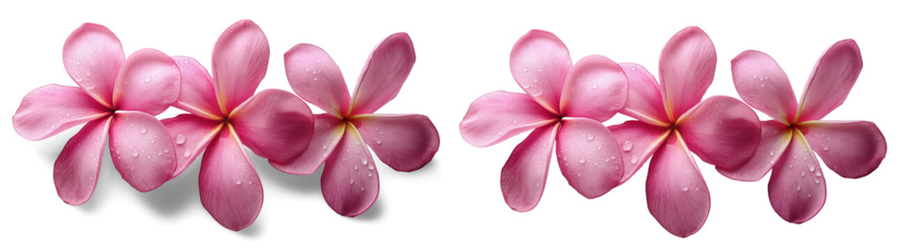 pink Temple flower or Plumeria wet with water droplet refreshing, summer flower with shadow, PNG transparent background