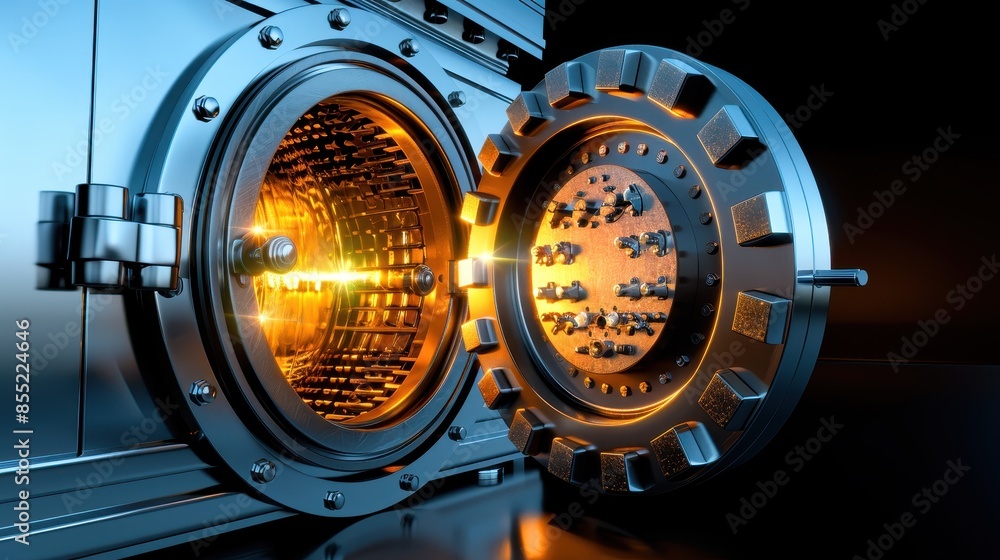 Poster industrial machine with an open hatch, revealing inner mechanisms and emitting a warm light, symboli