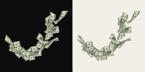 Money dollar composition like wave with flying up100 dollar notes, banknotes, bills. Illustration, design element in vintage style.