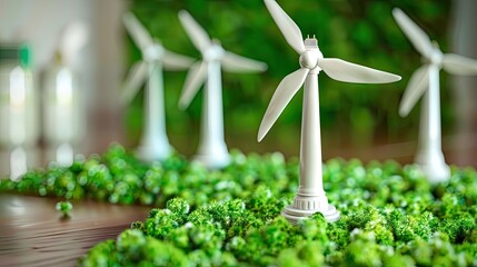 Fototapeta premium Miniature wind turbines on a lush green surface symbolize renewable energy and sustainability for clean and eco-friendly future power solutions.