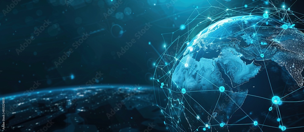 Poster earth globe with digital connection hologram. online network and communication. concept of global in