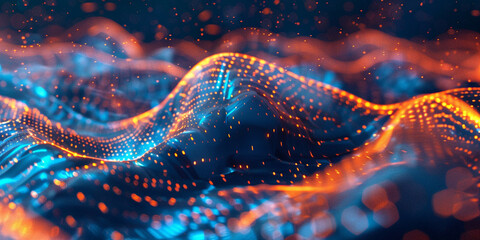 Abstract digital background with orange and blue glowing waves of data