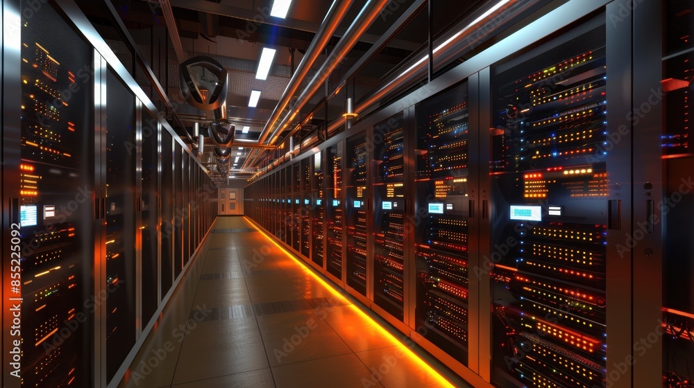 Poster a long corridor in a server room with rows of data racks illuminated by orange lights.