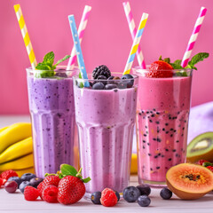 Colorful Smoothies with Fresh Fruit and Straws on White Table
