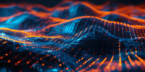 Abstract digital background with orange and blue glowing waves of data