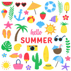 Set with colourful summer stickers. Holiday concept with icons. Vector illustration