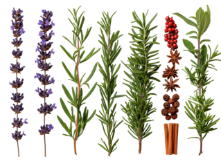 top view fresh herb, rosemary,  peppercorns, lavender, pepper, sage, star anise, cinnamon PNG transparent background