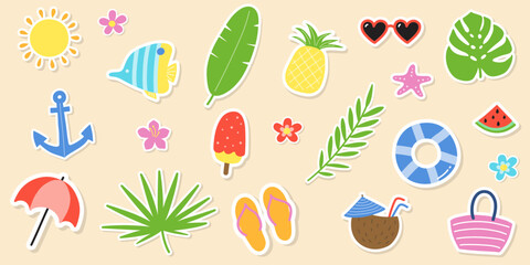 Cartoon hand drawn summer icons. Set with colourful holiday stickers. Vector illustration