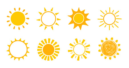 Cute cartoon sun icon set. Hand drawn summer elements. Vector illustration
