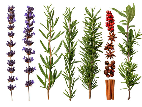top view fresh herb, rosemary,  peppercorns, lavender, pepper, sage, star anise, cinnamon PNG transparent background