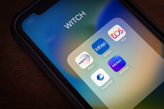 Vancouver, CANADA - Apr 16 2024 : Leading Indian IT companies WITCH icons seen in an iPhone. WITCH is an acronym for Wipro, Infosys, Tata Consultancy Services (TCS), Cognizant, and HCL Technologies.