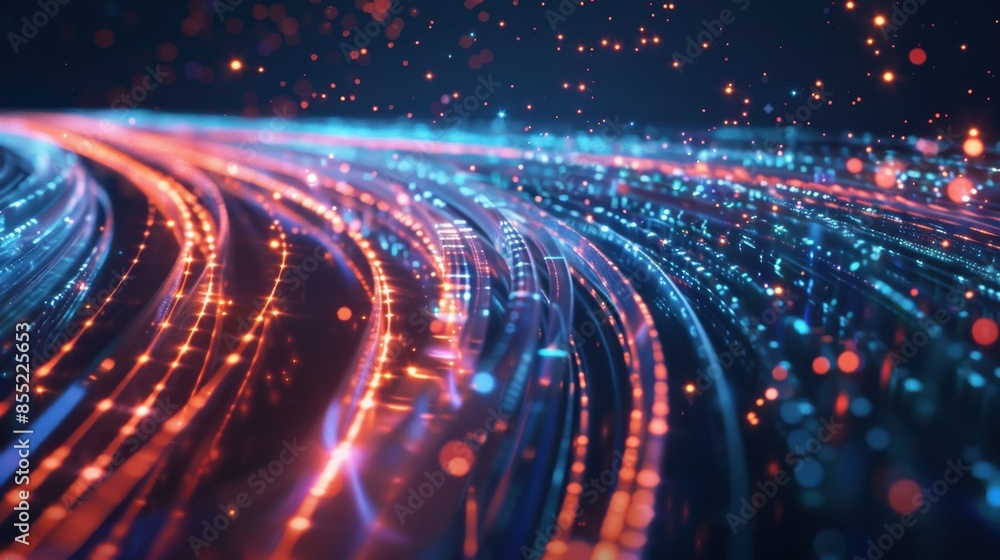 Poster a mesmerizing abstract digital network with glowing blue and orange lines and particles, creating a 